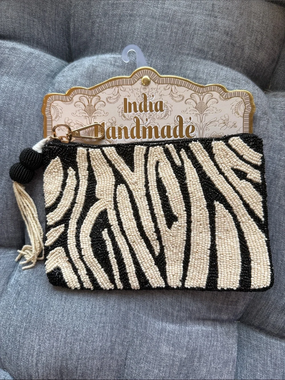 Handmade in India Beaded Zebra Print Clutch - Black & Cream